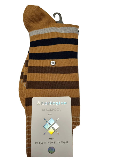 A pair of folded striped socks with a hangtag and size card, placed on white paper over a wooden desk. The socks have horizontal stripes in tan, brown, black, and a light gray ribbed cuff.