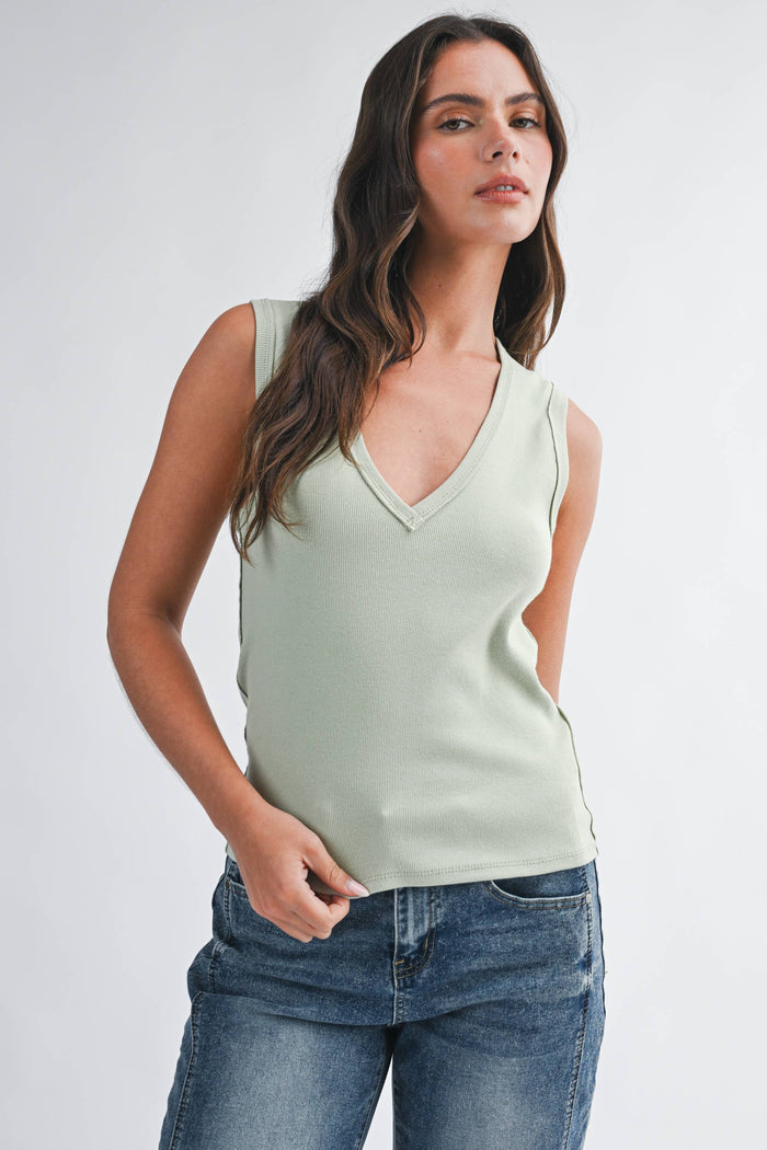 8489HK Ribbed V-Neck Tank Top: Matcha / Contemporary / M