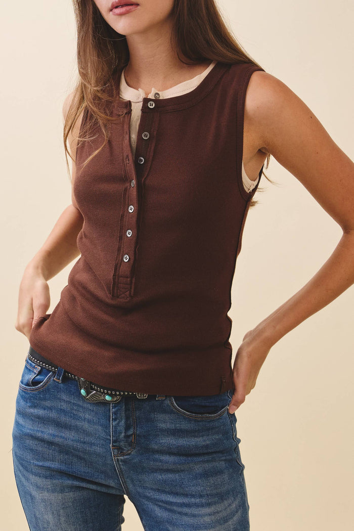 8571GK Ribbed Henley Tank Top: Chocolate / Contemporary / L