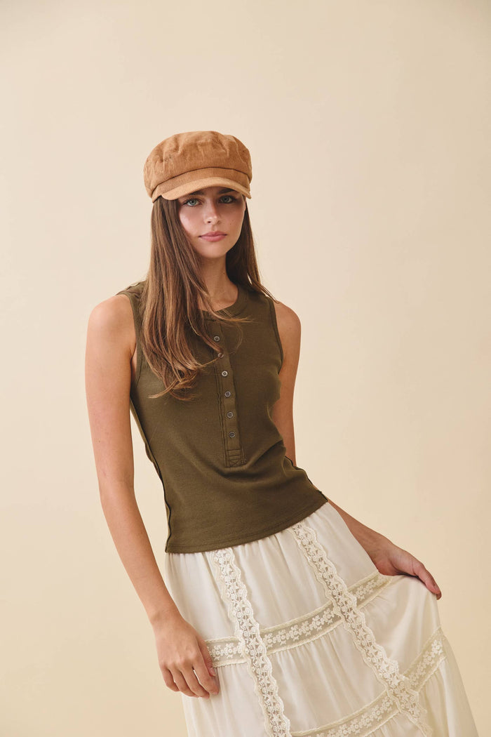 8571GK Ribbed Henley Tank Top: Olive / Contemporary / L