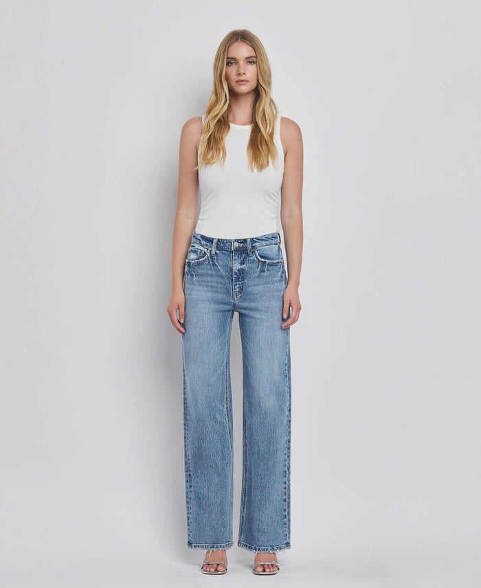 90'S SUPER HIGH RISE MEDIUM WASH WIDE JEANS T6242: LEAPING WATER / 24