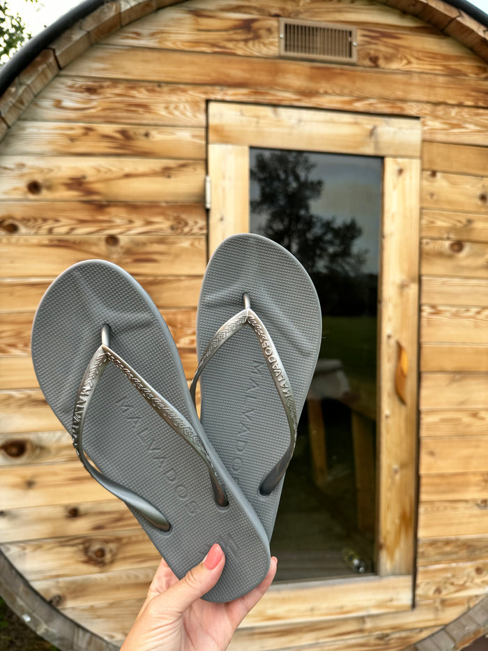 Playa Haven't the Foggiest beach flip flop waterproof sandal with toe pillow, arch support and toe post anchor in silver grey