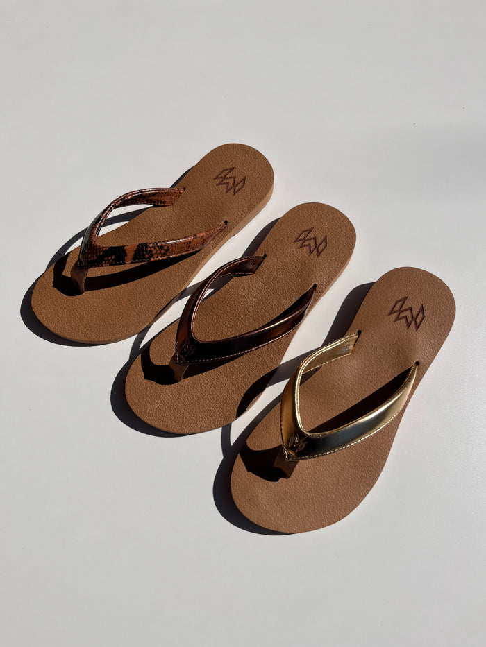 Marley memory foam flip flop with arch support in brown reptile, metallic brown and metallic gold