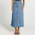Blue Button Down Mid Length Denim Skirt