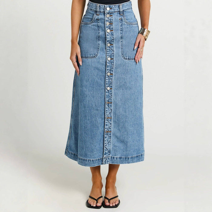Blue Button Down Mid Length Denim Skirt
