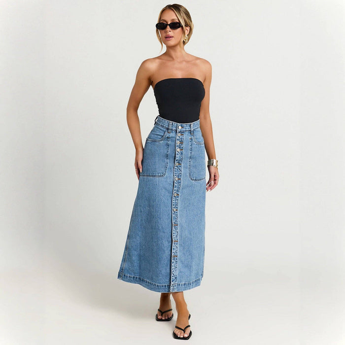 Blue Button Down Mid Length Denim Skirt