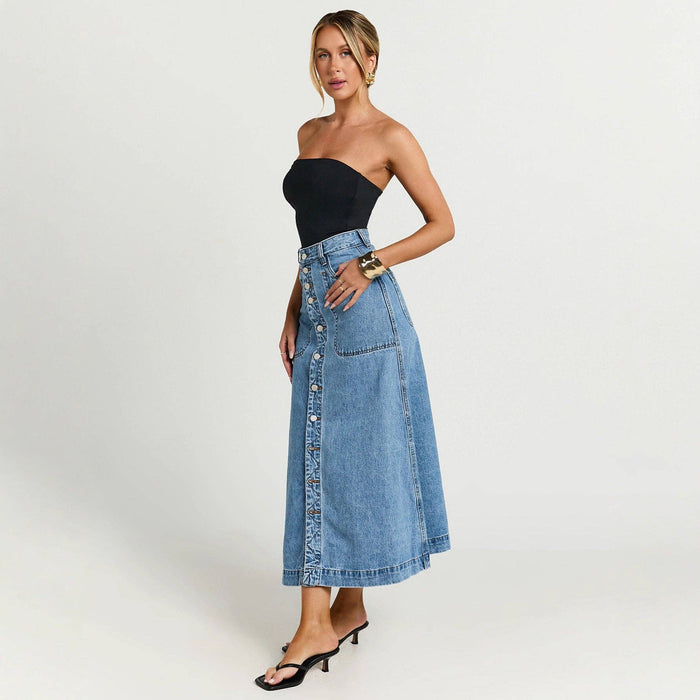 Blue Button Down Mid Length Denim Skirt