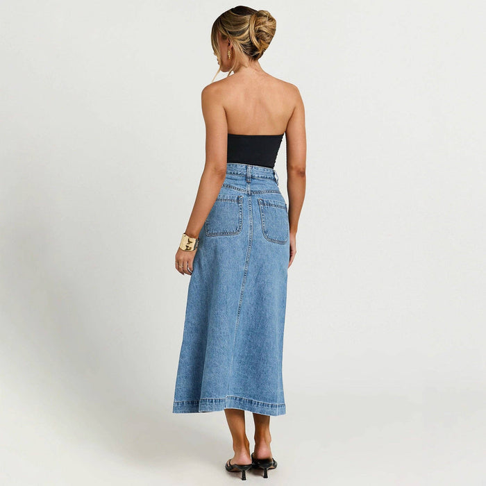 Blue Button Down Mid Length Denim Skirt