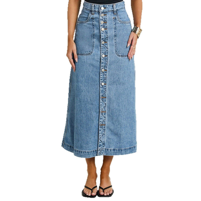 Blue Button Down Mid Length Denim Skirt