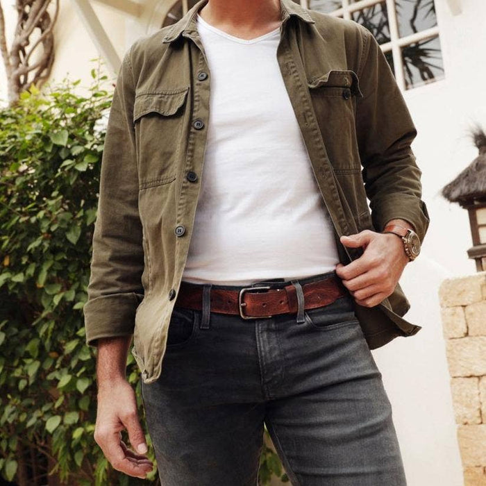 Brown Silver Buckle Classic Casual Rugged Leather Belt