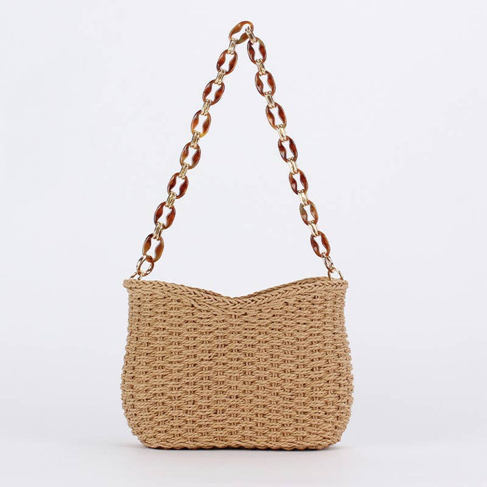 Chain Handle Woven Shoulder Bag: CHESTNUT / One Size