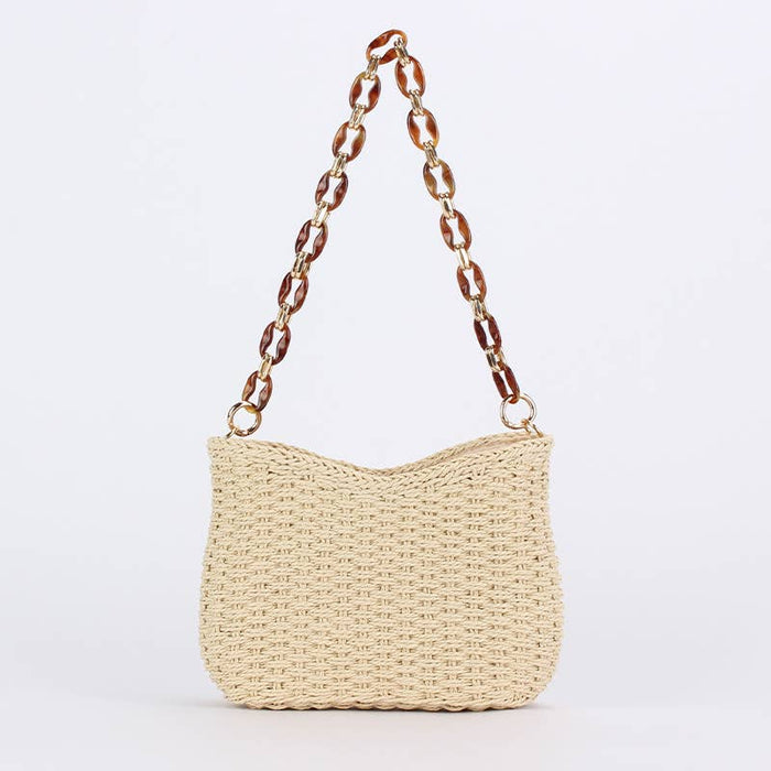 Chain Handle Woven Shoulder Bag: CHESTNUT / One Size