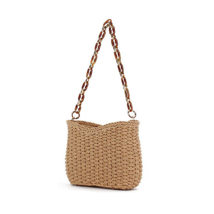 Chain Handle Woven Shoulder Bag: CHESTNUT / One Size