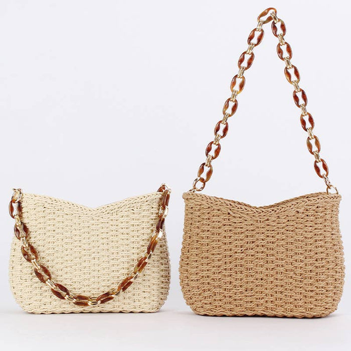 Chain Handle Woven Shoulder Bag: CHESTNUT / One Size