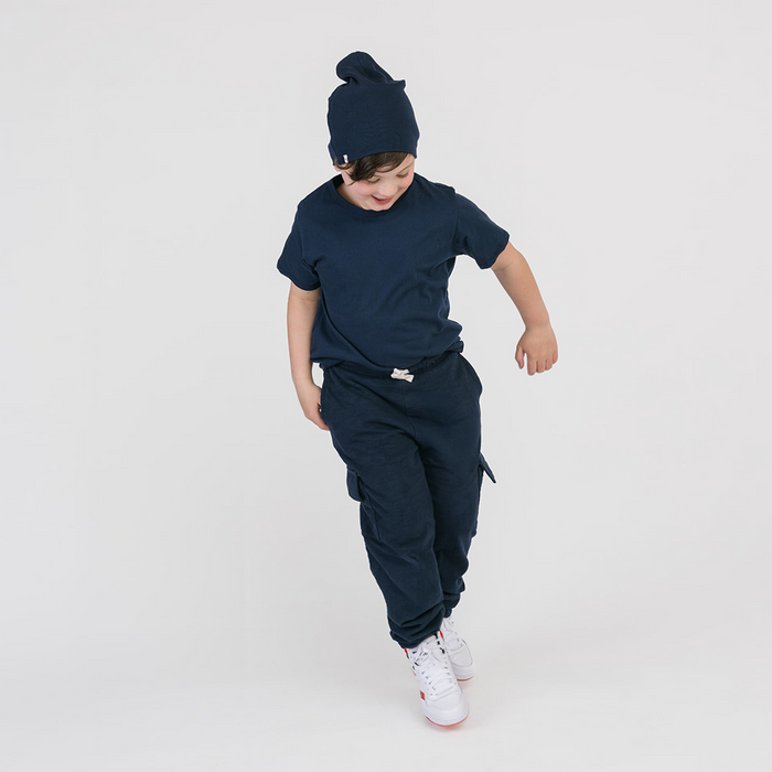 Cloud Cargo Joggers - 100% GOTS-Certified Organic Cotton Pants - Navy - Made in Canada - Toddler and Kids and Teens - mini mioche