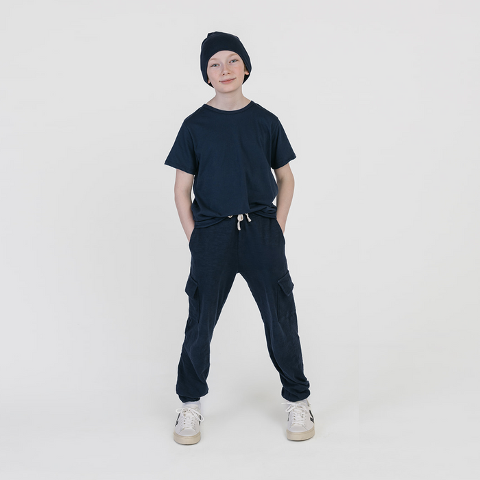 Cloud Cargo Joggers - 100% GOTS-Certified Organic Cotton Pants - Navy - Made in Canada - Toddler and Kids and Teens - mini mioche