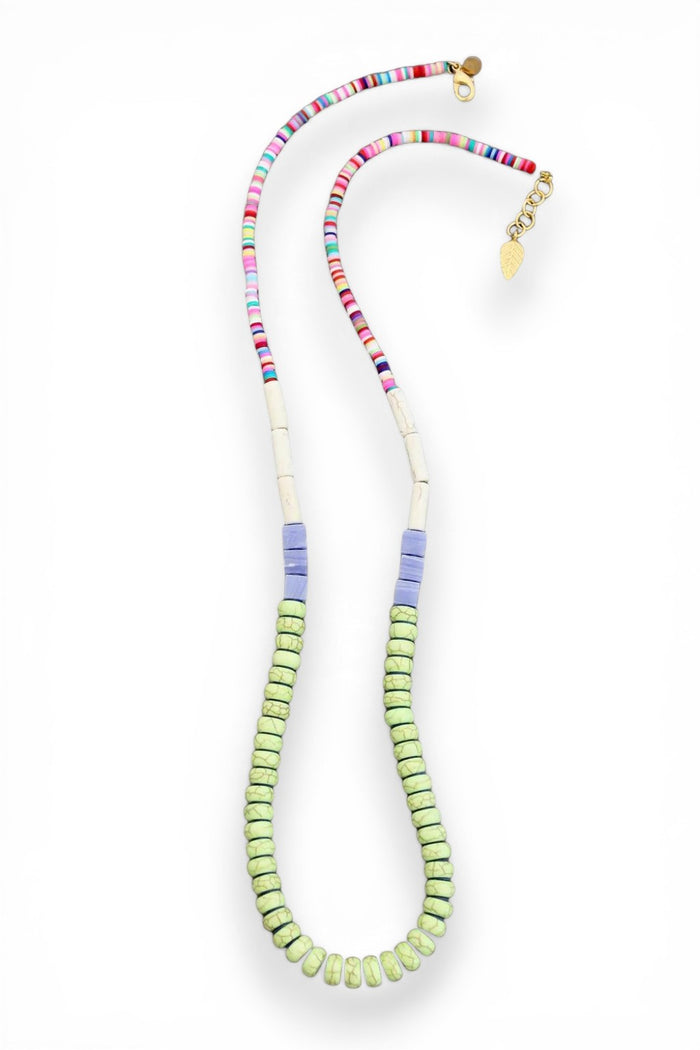Bhoomki 31-inch necklace with 18k gold plated brass clasp, polymer clay, magnesite, vulcanite, and glass beads in green, white, and multicolor.