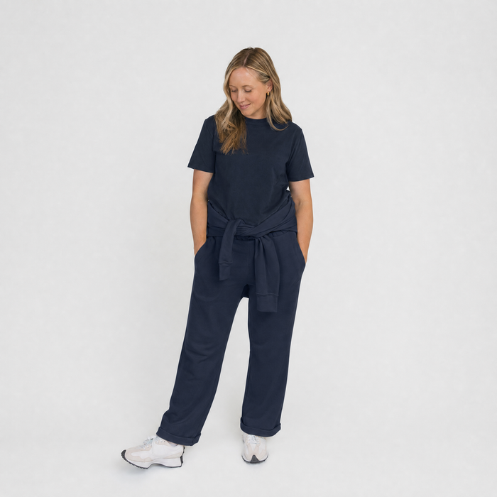 Cozy Wide Leg Sweatpants - 100% GOTS Certified Organic Cotton Shorts - Navy - Teens and Adults - Men and Women - Made in Canada - mini mioche