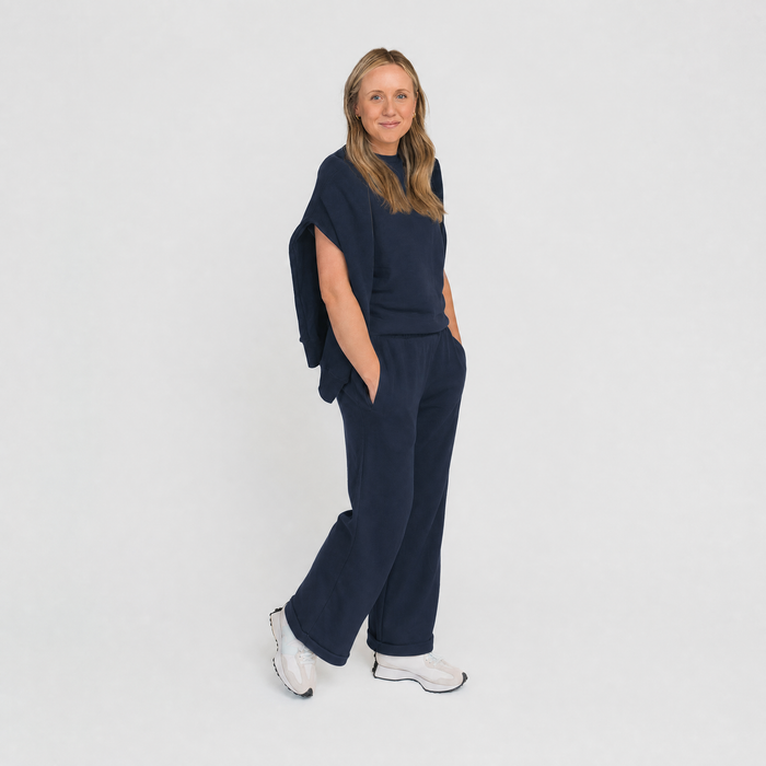 Cozy Wide Leg Sweatpants - 100% GOTS Certified Organic Cotton Shorts - Navy - Teens and Adults - Men and Women - Made in Canada - mini mioche