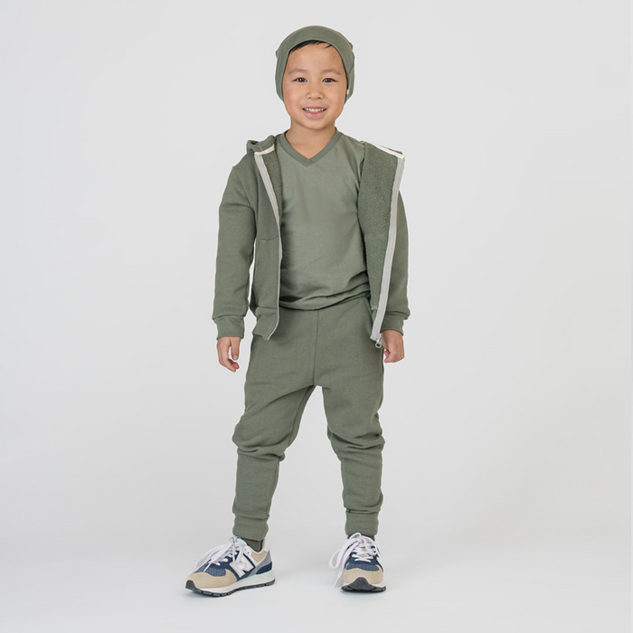 Cozy Skinny Sweats - 100% Organic Cotton Kids Sweatpants - Thyme - Made in Canada for Teens Tween Kids Toddler and Babies - mini mioche