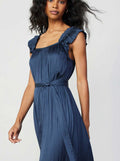 Double-Layer Ruffle Sleeve Crinkle 3Q Dress: