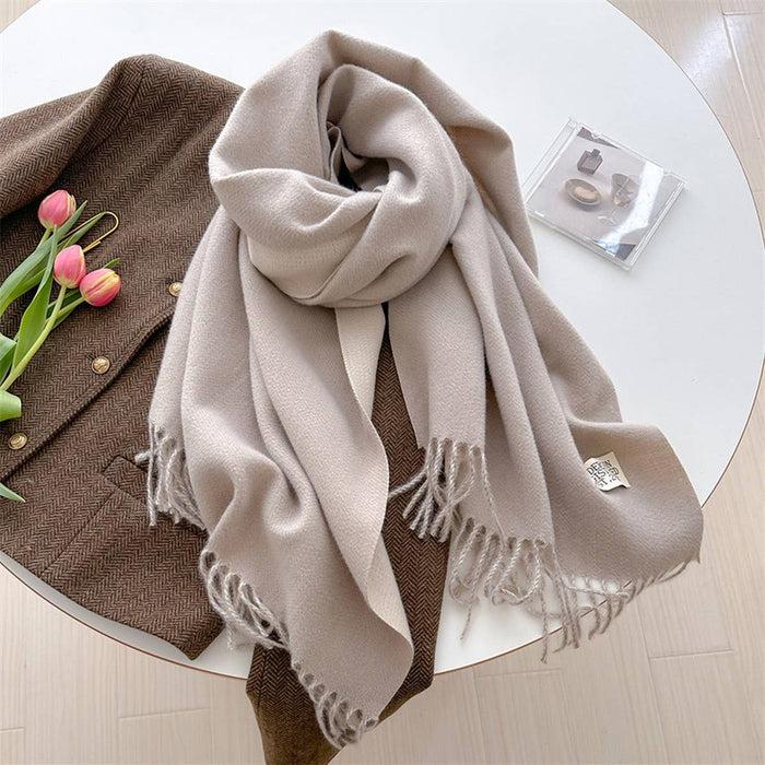 Double Sided Faux Cashmere Scarf-Solid Color Shawl_CWASC0968: Beige / (OS) 2