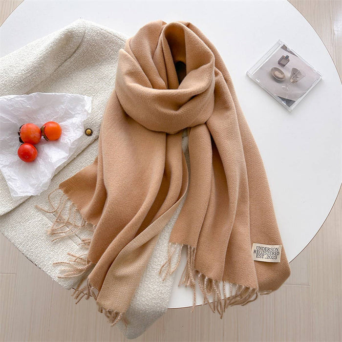 Double Sided Faux Cashmere Scarf-Solid Color Shawl_CWASC0968: Beige / (OS) 2