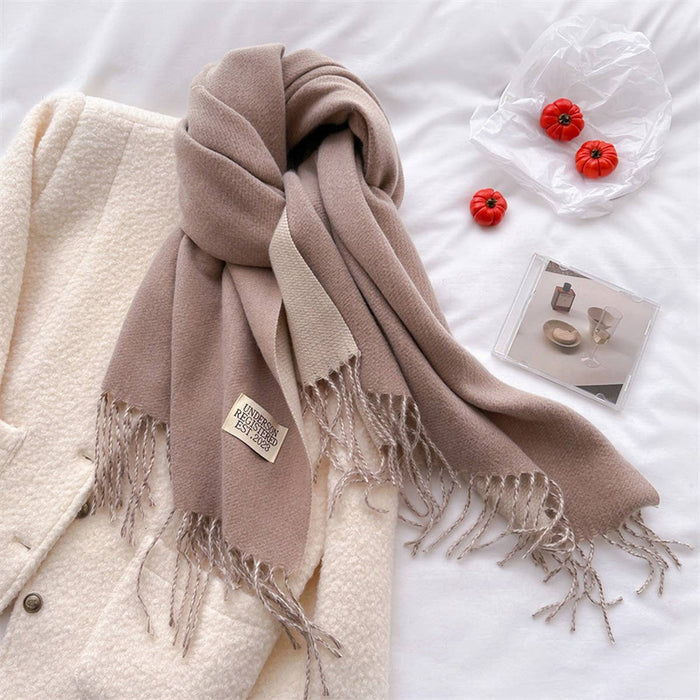 Double Sided Faux Cashmere Scarf-Solid Color Shawl_CWASC0968: Beige / (OS) 2