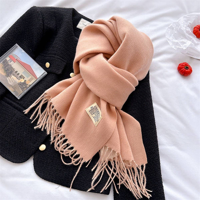 Double Sided Faux Cashmere Scarf-Solid Color Shawl_CWASC0968: Beige / (OS) 2