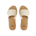 Ellie Hampton memory foam slide sandal with arch support and a cream woven strap and beige footbed