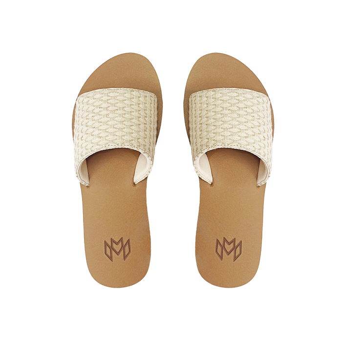 Ellie Hampton memory foam slide sandal with arch support and a cream woven strap and beige footbed