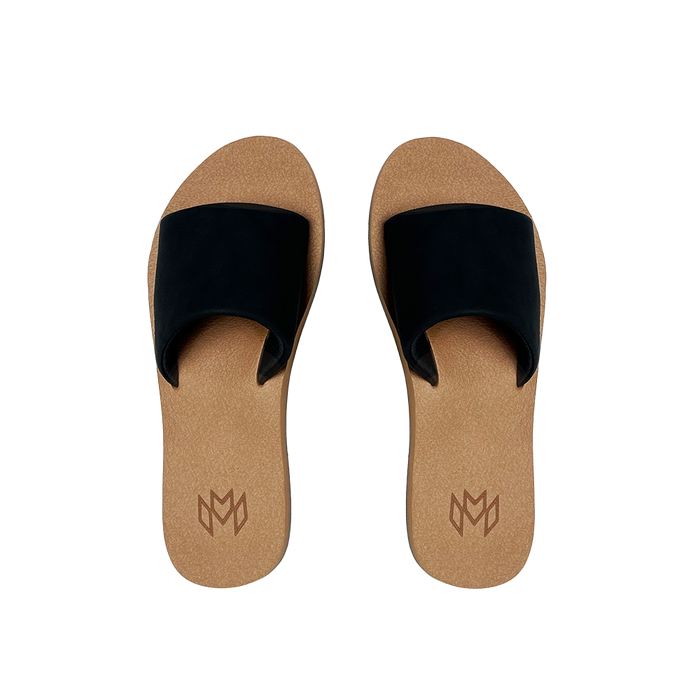 Ellie Jet memory foam sandal with arch support with a black faux suede strap and beige footbed