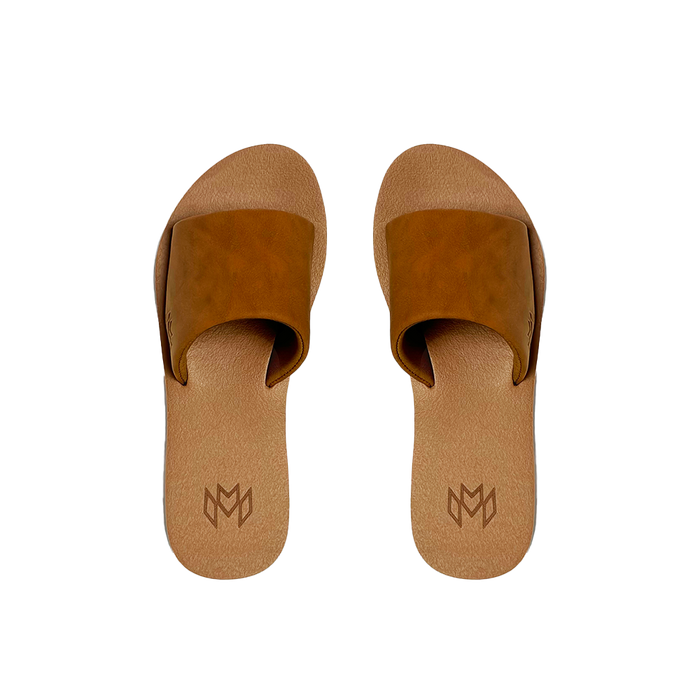 Ellie Saddle memory foam sandal with arch support with a faux suede strap and beige footbed