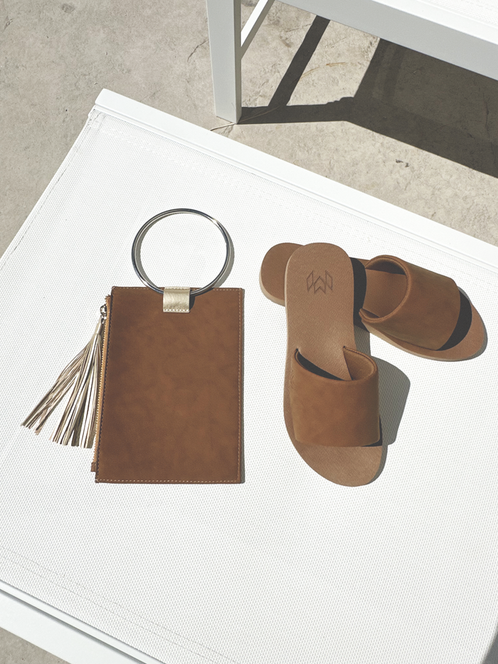 Ellie Saddle memory foam sandal and matching Parker Clutch