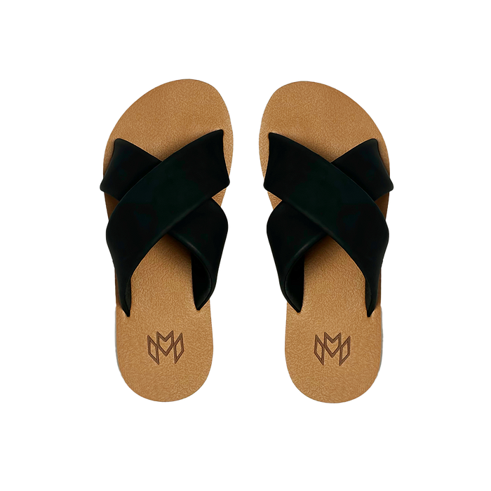 Ellie Cross Jet sandal with memory foam footbed with arch support and a black criss cross strap