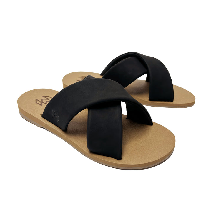 Ellie Cross Jet sandal with memory foam footbed with arch support and a black criss cross strap
