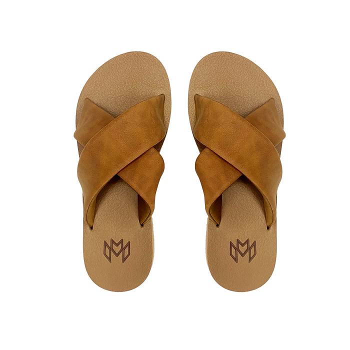 Ellie Cross in Saddle memory foam footbed with arch support and a brown criss cross strap