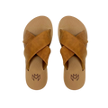 Ellie Cross in Saddle memory foam footbed with arch support and a brown criss cross strap