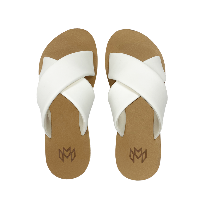 Ellie Cross in Satin sandal with memory foam footbed with arch support and a white criss cross strap