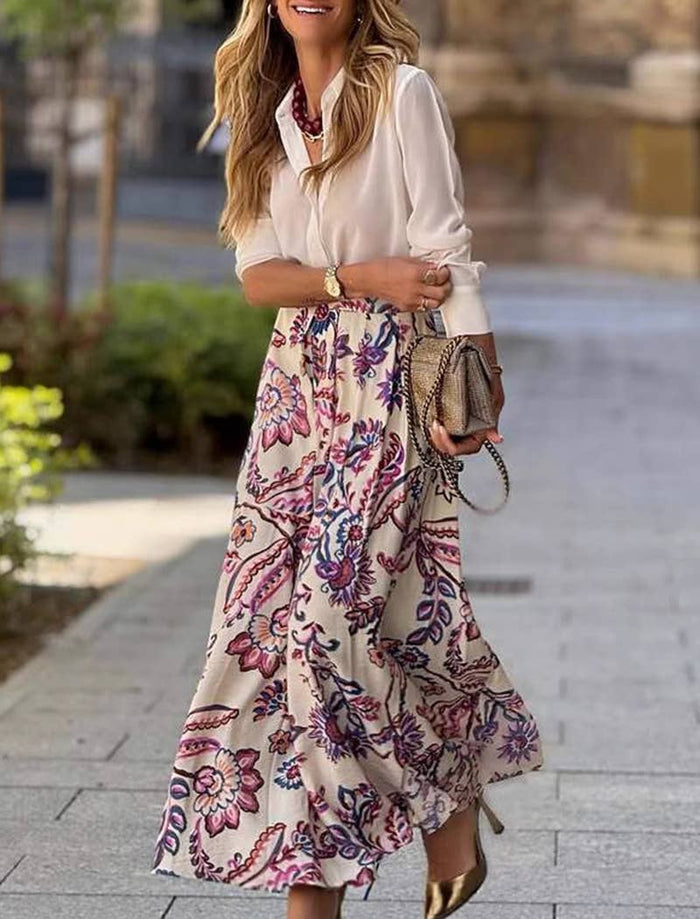 Floral Print Side Slit Midi Skirt: