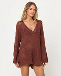 Front view of model wearing the LSPACE Golden Daze Romper in cafe.