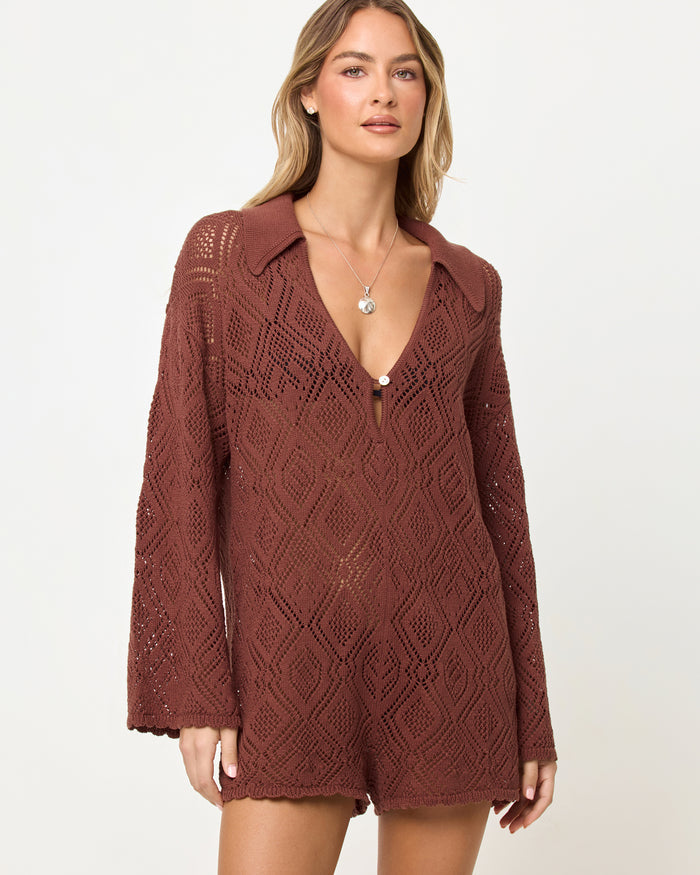 Close-up of the LSPACE Golden Daze Romper in cafe showing the neckline and bodice detail.