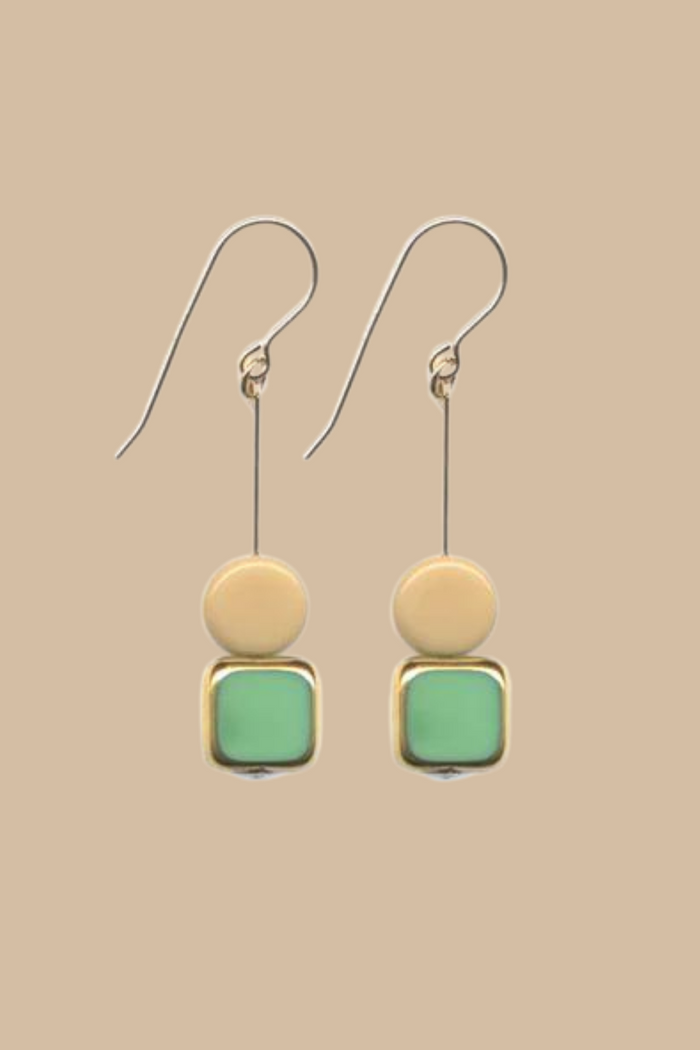 Green Square and Cream Circle Earrings