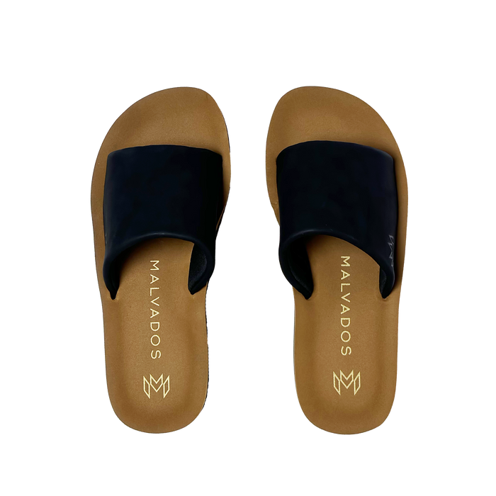 Gwen Jet platform sandal with beige memory foam footbed and cushioned black strap