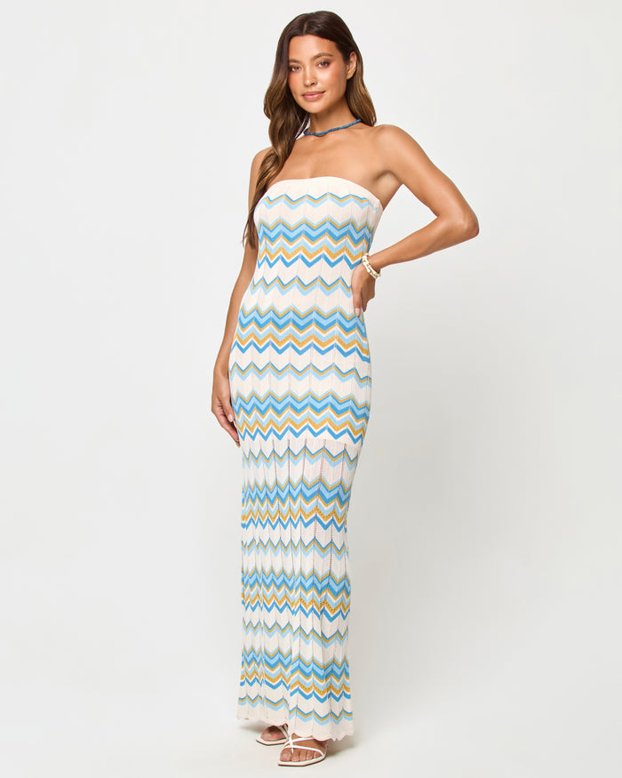 LSPACE Hallie Maxi in Gold Coast stripe, back view on model.
