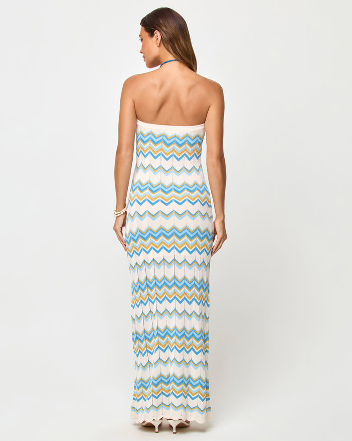 LSPACE Hallie Maxi in Gold Coast stripe, three-quarter view on model.