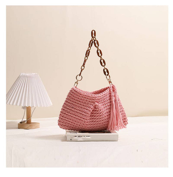 Handcrafted Woven Bag with Tassel Accent: BROWN