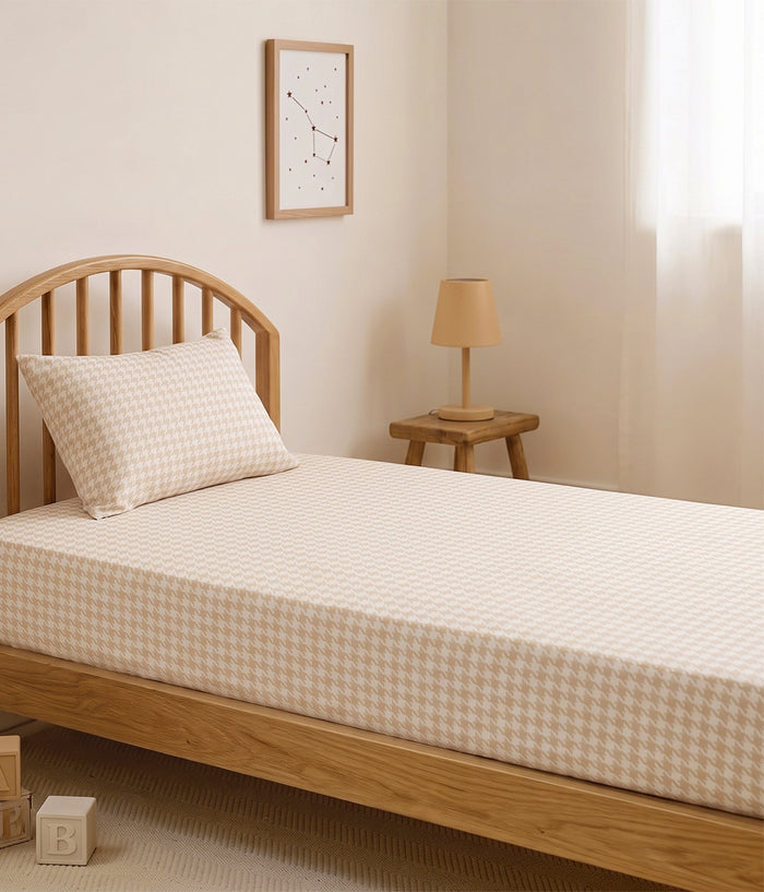 HushDry™ 2-in-1 Waterproof Fitted King Single Sheet Viscose from Bamboo Tan Houndstooth