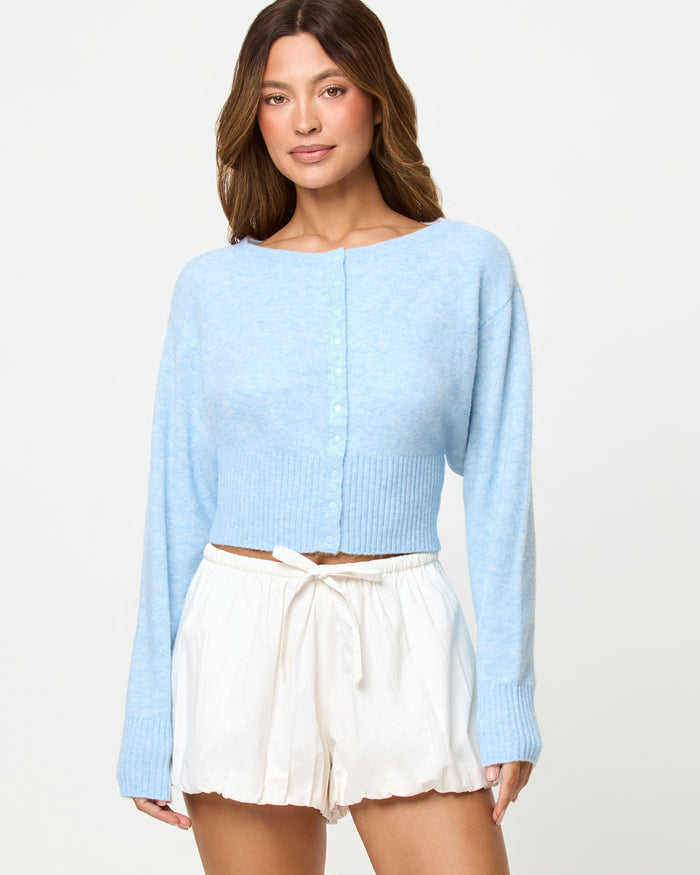 Sky Blue | Badge:New Arrival_#B2AC88_#ffffff'

LSPACE In the Moment cardigan in sky blue, close-up detail view on model.