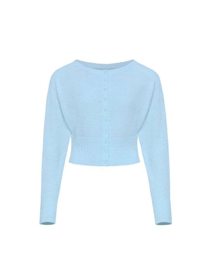 LSPACE In the Moment cardigan in sky blue, off-model flat lay.